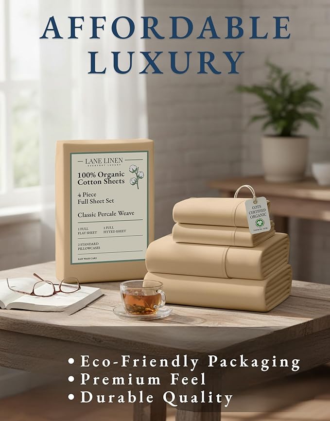 LANE LINEN 100% Organic Cotton Bed Sheets Full Size, Fully Elasticized Reinforsed Seams in Fitted Pocket, Machine Washable Naturally Cooling Full Sheet Deep Pocket Bedding- Linen