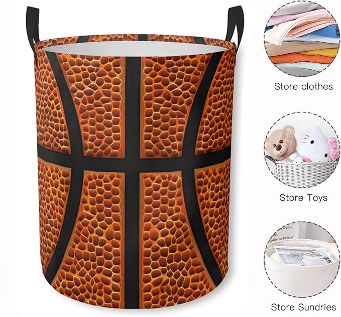 Laundry Basket Basketball Texture Collapsible Laundry Hamper with Handles Clothes Storage Bin for Household Bedroom Bathroom College Dorms