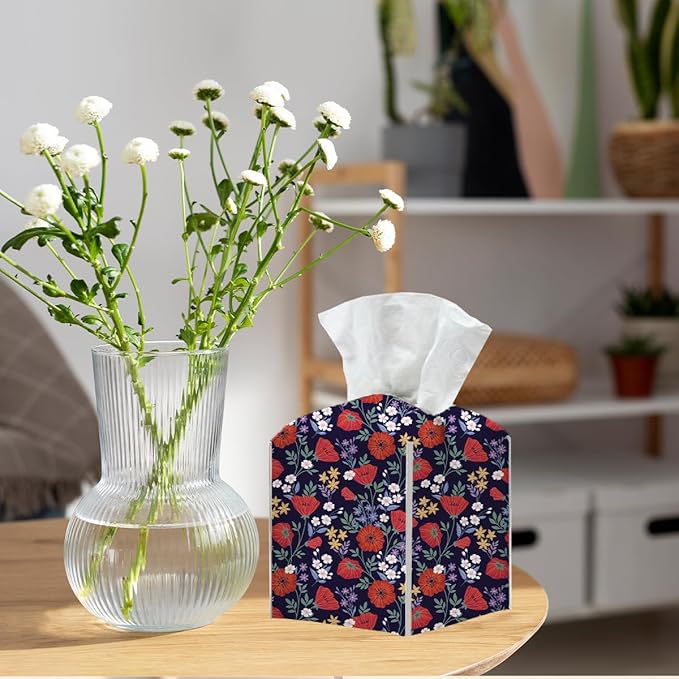 Tissue Box Cover, Tissue Box Holder, Square with Belt Bottom, PU Leather Decorative Organizer for Desk, Tabletop, Countertop Bathroom, Toilet Car, Office,Dressers, Kitchen, Aesthetic Red Flower Decor
