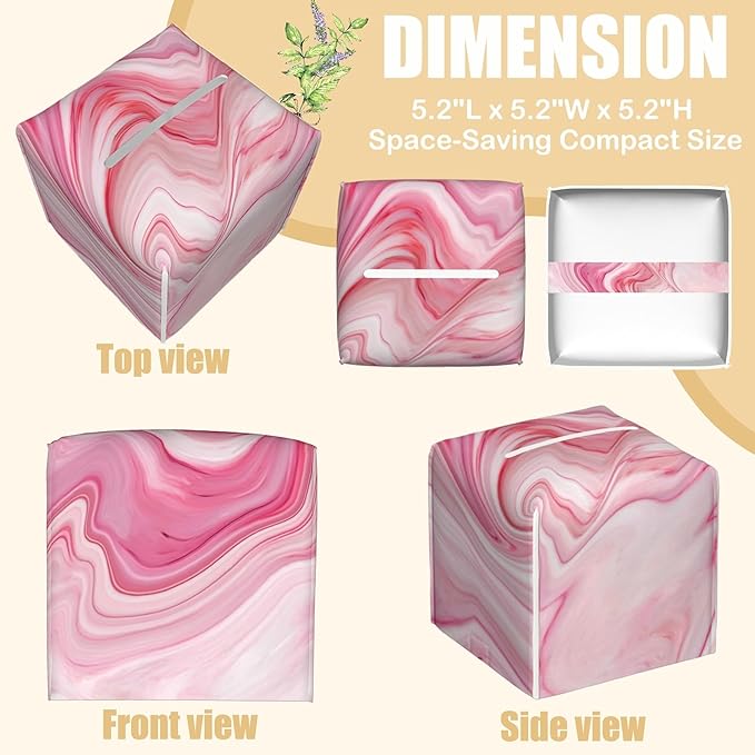 BLYKVGHQ Pink Liquid Marble Tissue Box Cover Square, Tissue Box Holder with Bottom Belt Leather Facial Paper Organizer Dispenser for Bathroom Bedroom Dresser Night Stand Tabletop