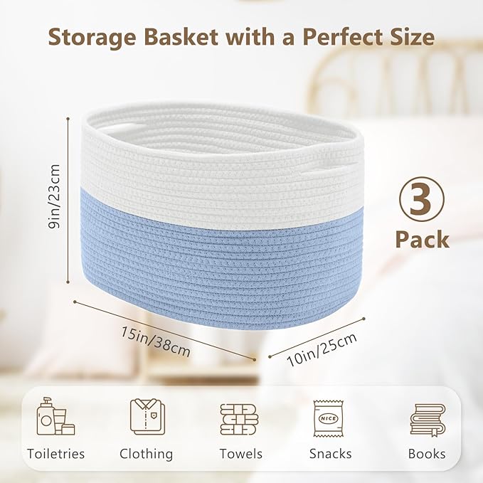 ECDYQXVU Cotton Rope Storage Basket, 15x10x9 Inches, Woven Basket for Shelves, Clothes, Towels, Books, and Laundry, White Blue (3 Pack)