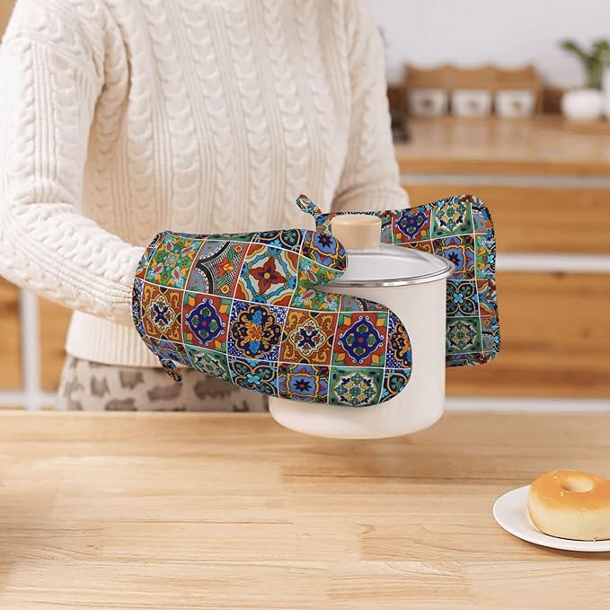 Silicone Oven Mitts and Pot Holders Sets, Home Talavera Mexican Tiles Heat Resistant BBQ Gloves for Kitchen Baking Cooking Grilling Microwave