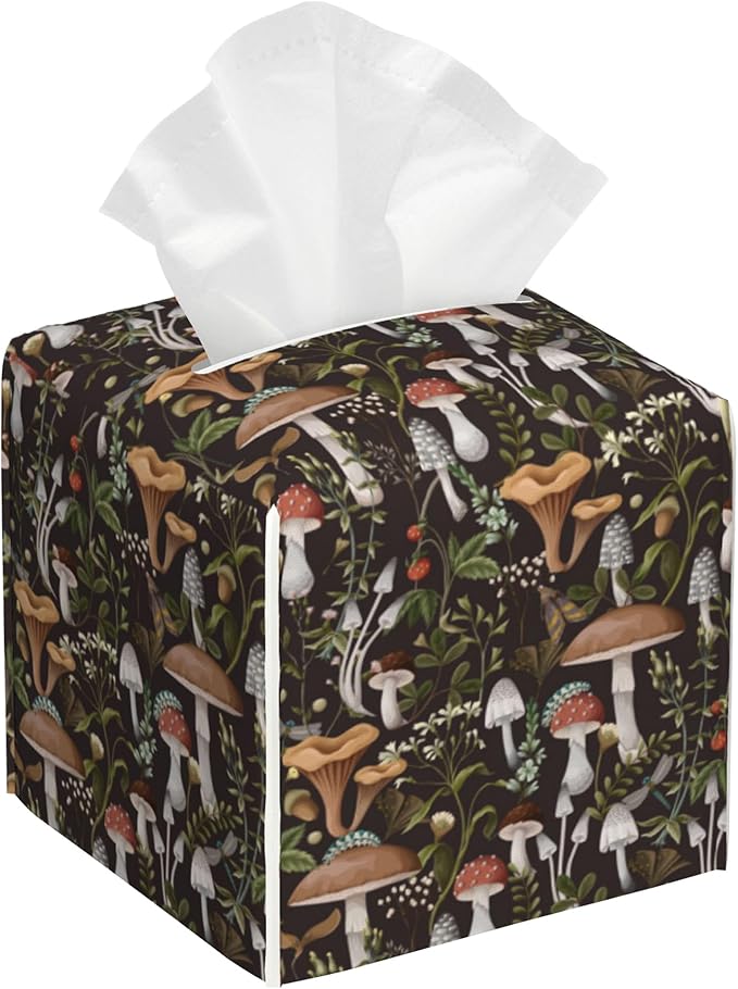 Autumn Mushroom Tissue Box Cover,Mushrooms and Field Plants Waterproof Leather Square Tissue Box Cover Case Facial Paper Organizer Dispenser Box Holder for Home Office Bathroom Vanity Countertop