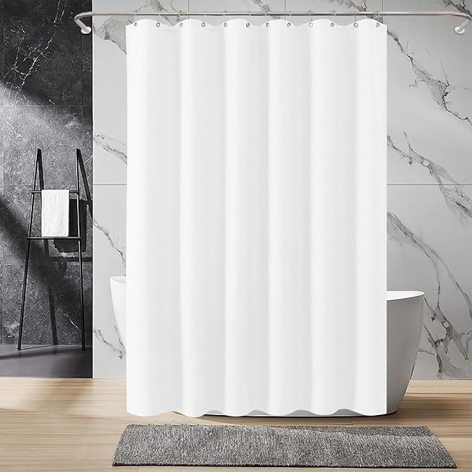 Inhousolu Fabric Shower Curtain Waffle Weave, 230 GSM Heavy Duty, Weighted Hem, 8 Metal Hooks, Water Repellent, Machine Washable, Hotel Spa Luxury Bath Curtain Set, 36 x 72 Inch, White