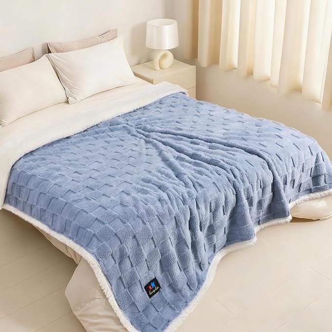 Luciphia Waterproof Dog Blanket for Large Dogs Washable Soft Sherpa Fleece Cat Blankets with 3D Jacquard Cozy Calming Reversible Bed Couch Protector Furniture Protection for Pet,Blue White, 85x57 inch