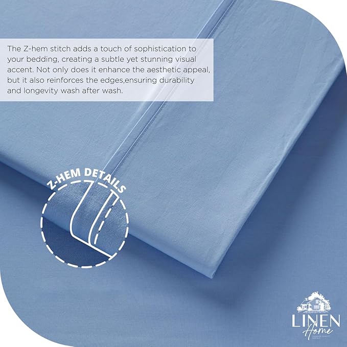 Linen Home 100% Cotton Percale Sheet Set, Queen Size, Baby Blue, Deep Pocket, 6 Pieces Set - 1 Flat, 1 Deep Pocket Fitted Sheet and 4 Pillowcases, Crisp Cool and Strong Bed Linen