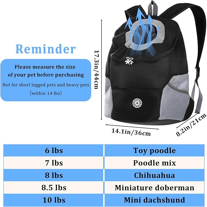 Pomodee Adjustable Pet Dog Carrier Backpack,Ventilated Breathable Pet Carrier for Small Dogs Cats,Cat Carrier Backpack with Safety Belt for Travel Hiking Outdoor,Max 14 lbs,Black