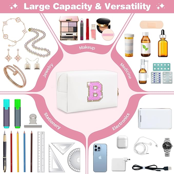 Small Initial Patch Makeup Bag Personalized Gifts Make Up Bag,White Cute PU Leather Glitter Letter Cosmetic Bag with Zipper,Trendy Portable Travel Toiletry Pouch,Preppy Stuff for Teen Girls Women B