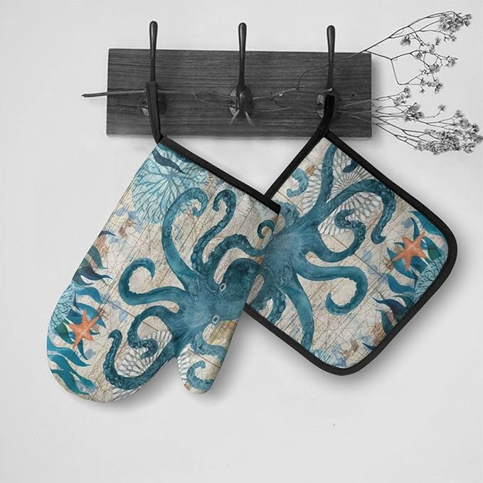 Sea Octopus Nautical Retro Ocean Oven Mitts and Pot Holders Insulated Gloves & Kitchen Counter Safe Mats for Cooking BBQ Baking Grilling (2-Piece Set)