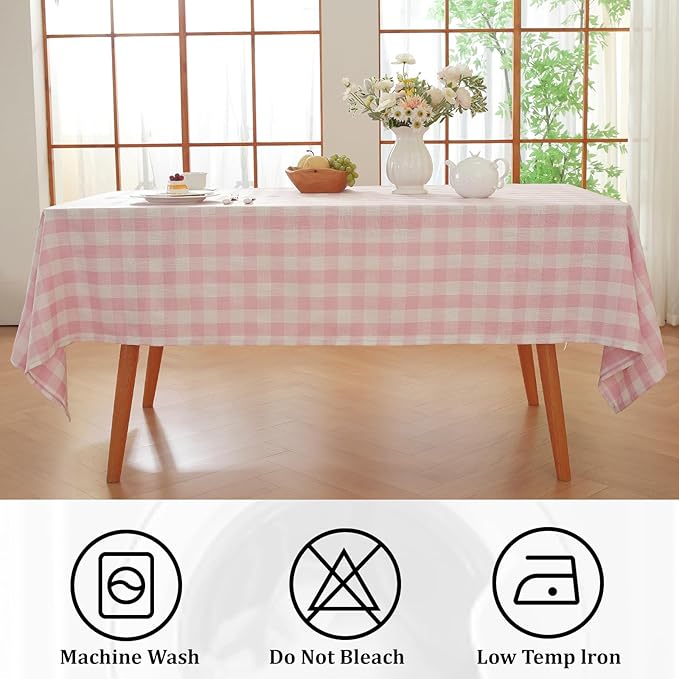 Alsoo Gingham Tablecloth Rectangle Checkered Table Cloth Cotton Linen Fabric Wrinkle Free Washable Buffalo Plaid Table Cover for Kitchen Dining Picnic Camping, Pink and White, 60 * 90 inch