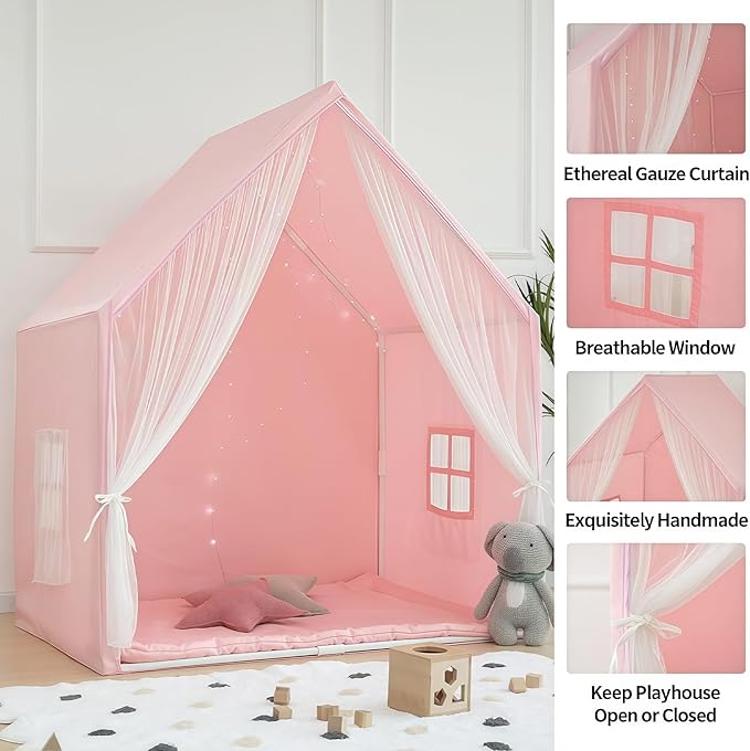 Kids Play Tent Indoor, Pink Playhouse Tent for Girls, Large Play Tents for Toddlers, Indoor Playhouse Princess Castle Play Cottage for Kids Toy Birthday House Gift