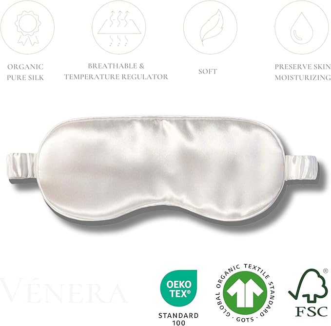 Vénera Silk Sleep Mask - 100% Pure 22 Momme Mulberry Silk Eye Sleeping Mask for Women and Men - Blackout Eye Mask for Sleeping (White)