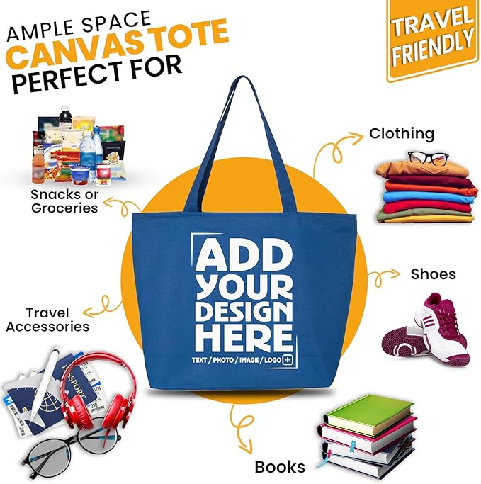 shop4ever Personalized Custom Design Your Own Heavy Canvas Tote with Zipper Reusable Shopping Bag Customizable Gift