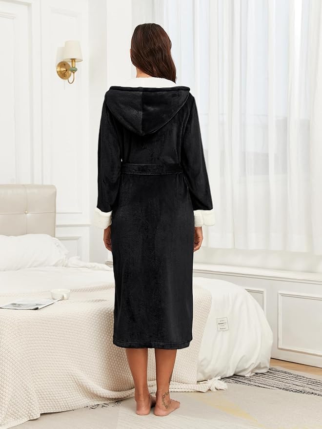 RONGTAI Womens Plush Fleece Hooded Bathrobe, Thick Nightgown Long Robe Sleepwear with Two Side Pockets and Belt