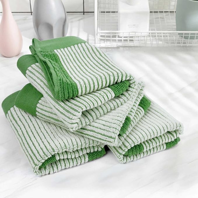 Cleanbear Wash Cloths for Showering, 12 Washcloths with Stylish Jacquard Weaved Design, Green Cotton Washcloth Set, 13 x 13 Inches