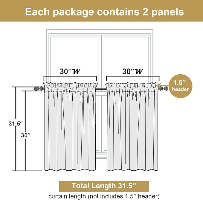 Lecloud Bessie Olive Green Kitchen Curtains 30 Inch Length 2 Pcs, Light Filtering Cafe Short Curtain Tiers, Dual Rod Pocket Window Treatments for Bedroom Basement Bathroom, Each 30 W x 30 L