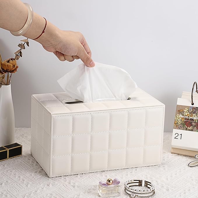 Sumnacon Tissue Box Cover Rectangle Leather Tissue Box with Magnetic Bottom,PU Tissue Box Holder Decorative Grid White Tissue Cover for Bathroom Toilet Bedroom Kitchen Office Table Desk, Large