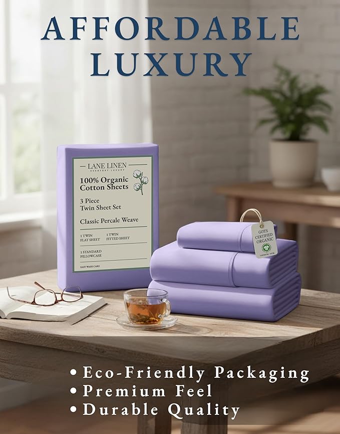 LANE LINEN 100% Organic Cotton Sheets Set Twin Size, Classic Percale Weave, Breathable Naturally Temperature Regulating Cotton Sheet Set, Low Pill Fade Resistant Deep Pocket Twin Sheets-Orchid Petal