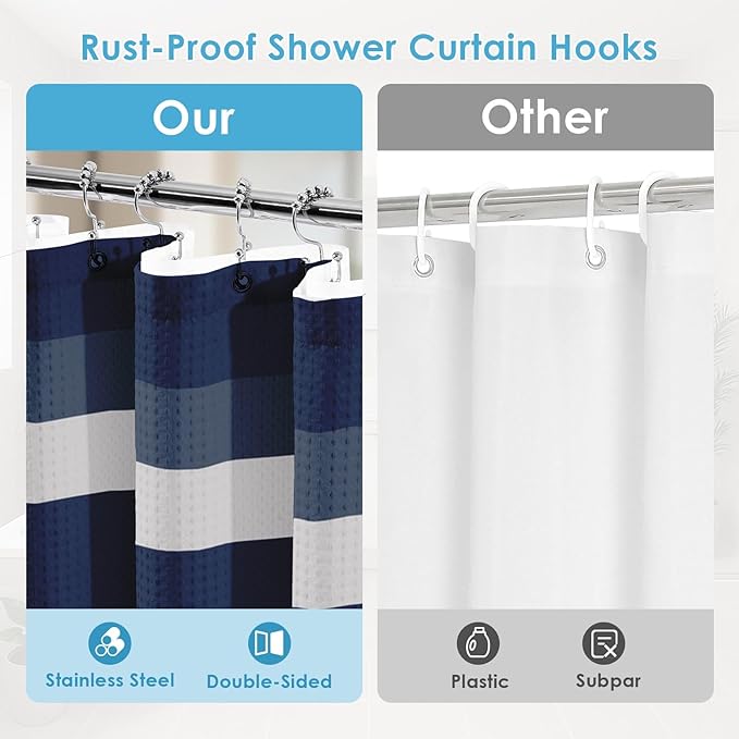 Nesphy Shower Curtain and Liner, Navy Blue Striped 3 in 1 Shower Curtain and PEVA Liner Set with 12 Rust-Resistant Metal Hooks, Waterproof Fabric Shower Curtains for Bathroom, 72 W x 72 H