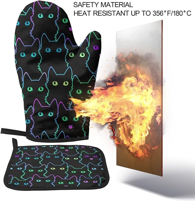 Cute Cat Silhouettes Oven Mitts and Pot Holders Insulated Gloves & Kitchen Counter Safe Mats for Cooking BBQ Baking Grilling (2-Piece Set)