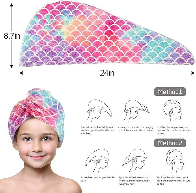 MADHOLLY Microfiber Hair Towel for Kids Gifts - Soft Super Absorbent Rapid Drying Hair Towel Wrap Turban for Girls Women with Button, Anti-Frizz for Thicker Curly Long Hair, 3Pack