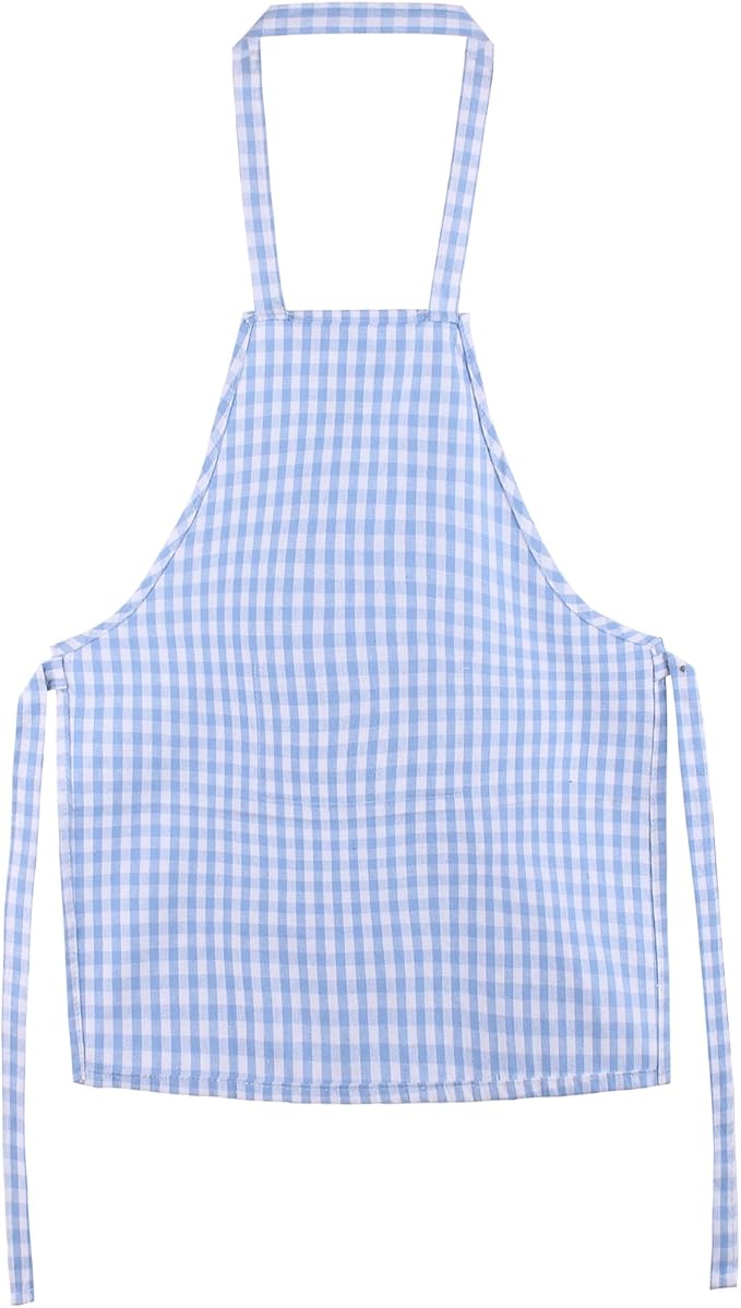 Jennice House Kids Aprons - Pure Cotton Gingham Aprons with Pocket and Adjustable Neck Strap, Painting Apron, Baby Chef Apron (Blue, S)