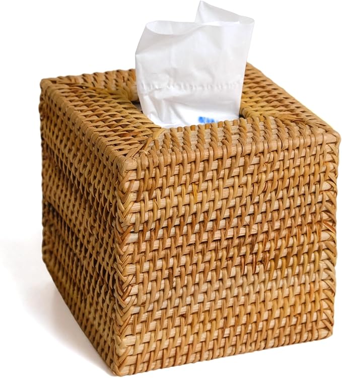 KALEKAIL Rattan Tissue Box Cover, Wicker Tissue Box Holder Square, Boho Decorative Woven Rattan Tissue Holders for Bathroom Living Room Kitchen, Natural