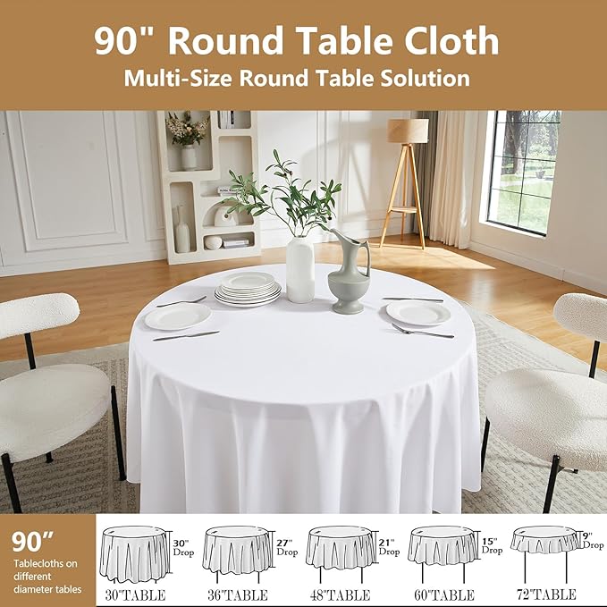 White Round Tablecloth 6-Pack, 90 Inch Diameter Table Cloth for Round Tables - Polyester Fabric Tablecloths, Reusable & Washable Table Cover