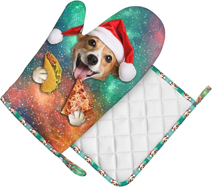 Funny Dog Eating Pizza Oven Mitts and Pot Holders Sets, Home Silicone Heat Resistant BBQ Gloves for Kitchen Baking Cooking Grilling Microwave