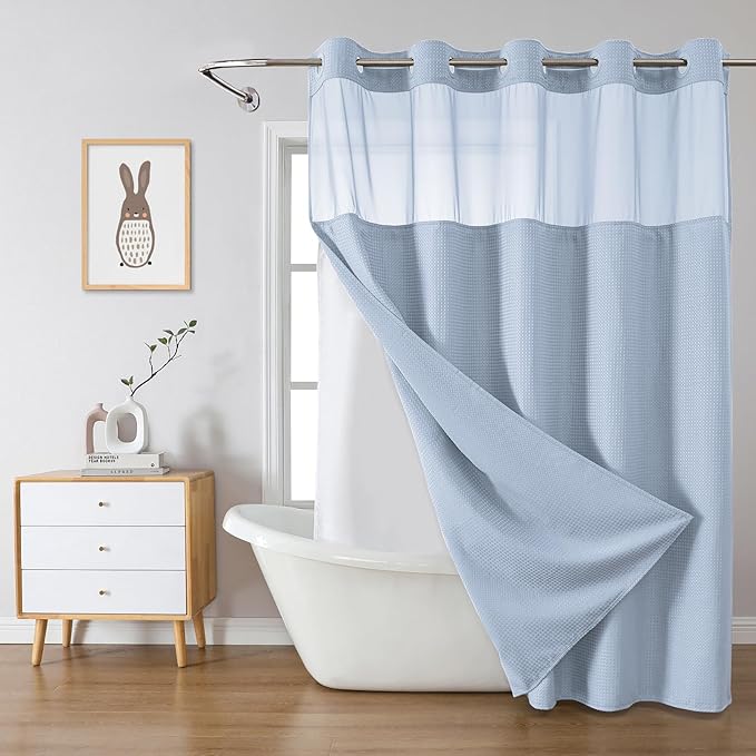 eachope ForstBlue No Hook Waffle Weave Shower Curtain with snap-in Liner Replacement, 230GSM Waterproof Fabric Hotel Shower Curtain Set for Bathroom, Through Mesh Top Window,71Wx77H