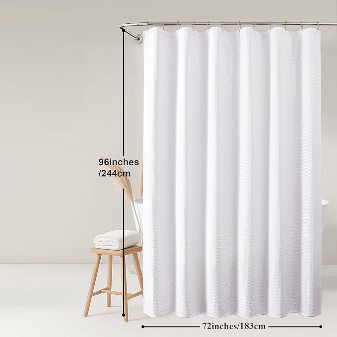 OWENIE White Shower Curtain 96 Inch Extra Long, Waffle Weave Textured Fabric Bathroom Curtains, Water Repellent Thick Soft Hotel Spa Luxury Elegant Bath Curtain, Machine Washable, White, 72x96 Inch