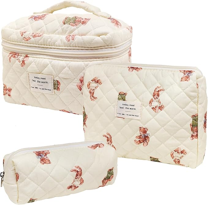 Cozomga Quilted Makeup Bag, Large Capacity Travel Cosmetic Bag for Women and Girls, Aesthetic Storage for Daily and Travel Use (3pcs-Littlebear)