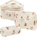 Cozomga Quilted Makeup Bag, Large Capacity Travel Cosmetic Bag for Women and Girls, Aesthetic Storage for Daily and Travel Use (3pcs-Littlebear)