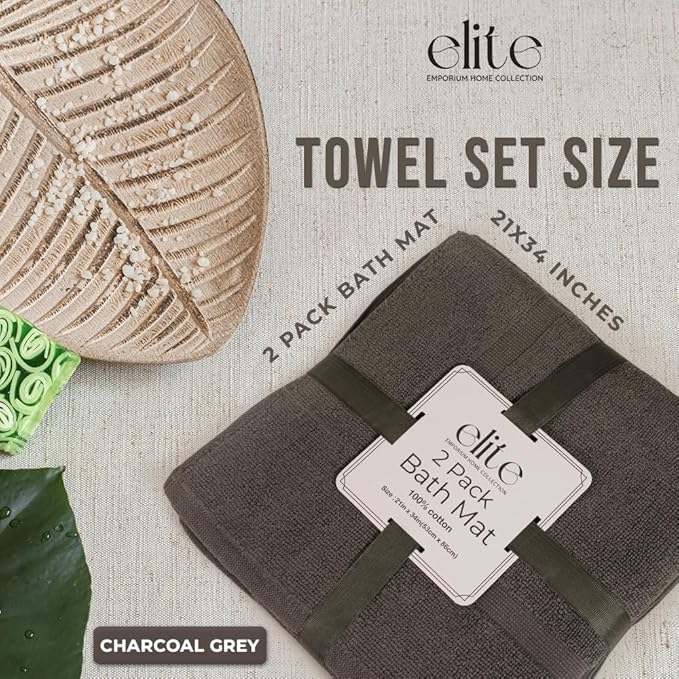 ELITE Emporium Home Collection 2-Piece Cotton Bathroom Mat Set, 21" x 34" - 100% Cotton, Absorbent, Quick-Dry, Bath Towel Mats for Floor, Charcoal Grey [Not a Bathroom Rug]