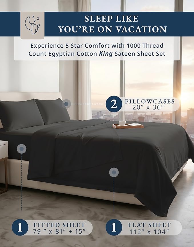 100% Egyptian Cotton Bed Sheets King Size – 1000 Thread Count Naturally Breathable Sheets, 15" Deep Pocket King Sheets, Silky Sateen Weave, Buttery Soft Durable Hotel-Quality Luxury Bedding - Black