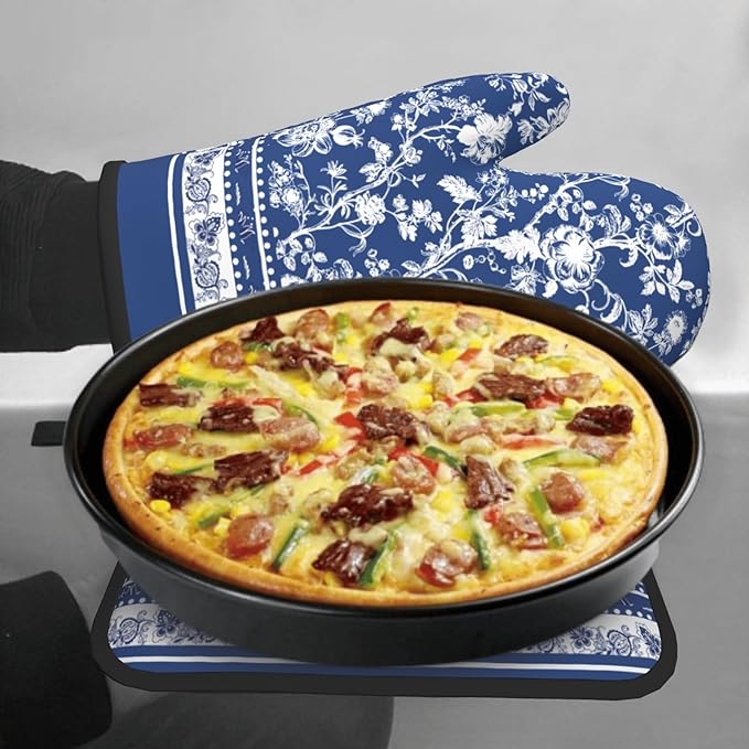 Blue White Floral Oven Mitts and Pot Holders Sets,Chinoiserie Oven Mitts for Kitchen Decor,Vintage Bohemian Style Heat Resistant Oven Glove Potholders for Baking Cooking BBQ