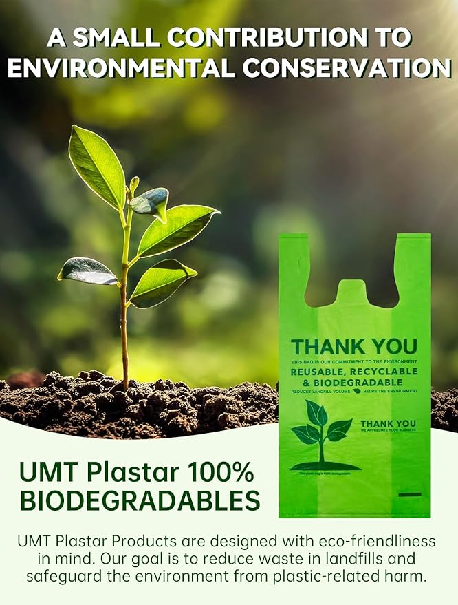 UMT Plastar 100 Count 100% Biodegradable Thank You Bags – Compostable, Recyclable, Eco-Friendly Grocery T-Shirt, 11.5" x 6.25" x 21", 16 Mic