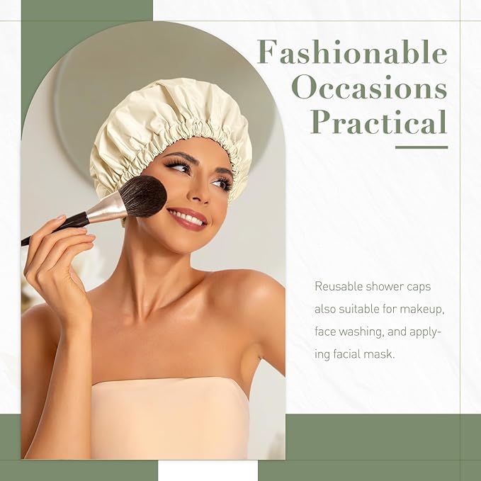 Reusable Shower Cap for Women, Large Waterproof Shower Essentials Bonnet Washable Elastic Band Bath Hair Wrap Hat for Long Hair, Braids(Champagne)