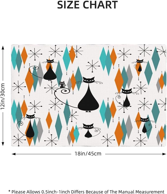 Mid Century Placemats, Modern Minimalist Art Abstract Geometric Atomic Star Explosion Black Cat Print Washable Fabric Placemats Table Kitchen Dining Party 12x18 Inch Set of 4