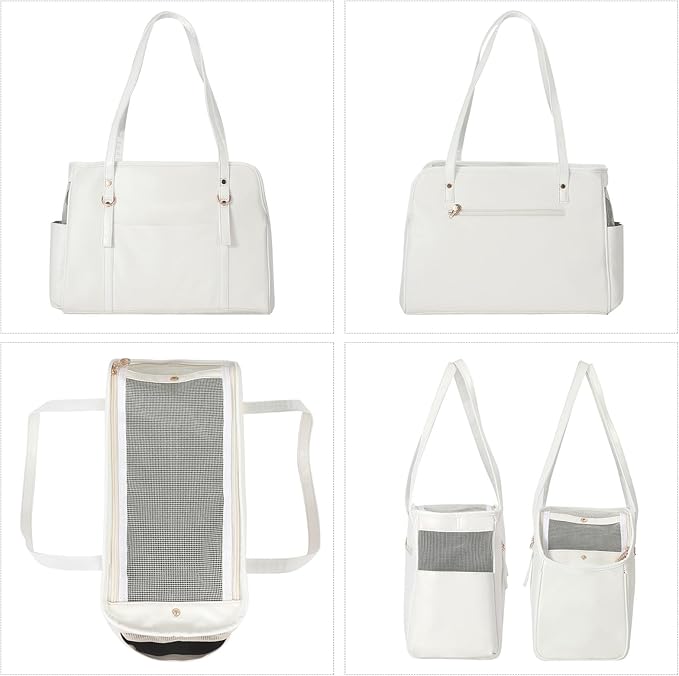 Lasaviin Dog Carrier Purse, Fashion Leather Pet Carrier with Pockets, Airline Approved Soft Sided Dog Carrying Bag for Puppy Cat Dog White