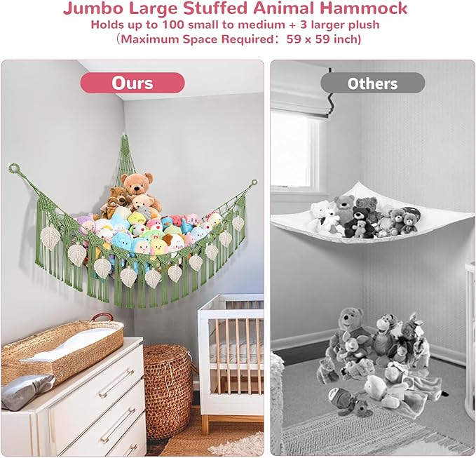 82.7x59x59 Inch Jumbo Stuffed Animal Storage Hammock Corner, Green Macrame Cream Leaf Hanging Stuffed Animal Net Organizer for Stuffy Plushie, Boho Handcrafted Plushies Storage Holder w/LED Light