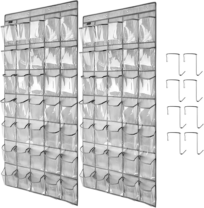 TidyMaster Clear Crystal 2 Pack 35 Pockets Large Hanging Shoe Organizer Over The Door Shoe Rack for Closet Door Storage Shoe Holder Hanger, 8Hooks, grey