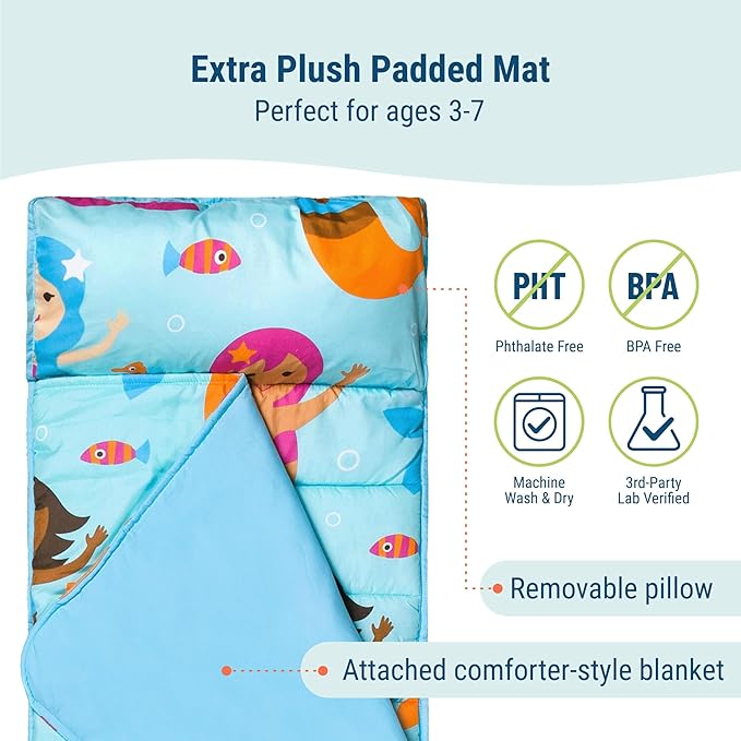 Wildkin Kids Microfiber Nap Mat – Soft Sleep Mat with Pillow, Ideal for School & Travel - Mermaid