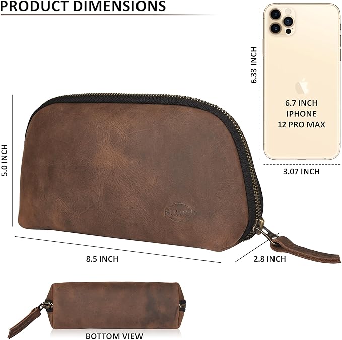 NUTUCH Leather Tech Pouch for Cables Chargers Phone | Tech Bag | Zipper Travel Accessory Pouch | Electronic Organizer Case Travel Bag (Vintage Dark Brown)
