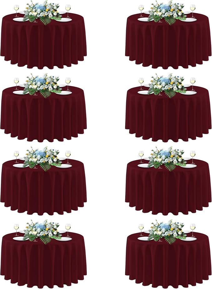 sancua 90 Inch Round Tablecloth, 8 Pack Burgundy - Circle Polyester Fabric Table Cloth for Christmas Party Reception Banquet Birthday, Washable Formal Table Cover (Fit 30-72 Inch Tables)