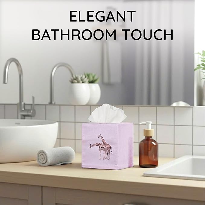 EmbroideryLinen.VN Tissue Box Cover Set of 2, Square Linen Tissue Holder, Printed Animal Pattern, 4.5x4.5x5.5 Inches, Decorative Holder for Bathroom, Living Room, Office (Giraffe)