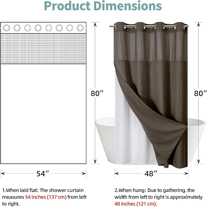 eachope Brown No Hook Waffle Weave Shower Curtain with snap-in Liner Replacement, 230GSM Waterproof Fabric Hotel Shower Curtain Set for Bathroom, Through Mesh Top Window,54Wx80H