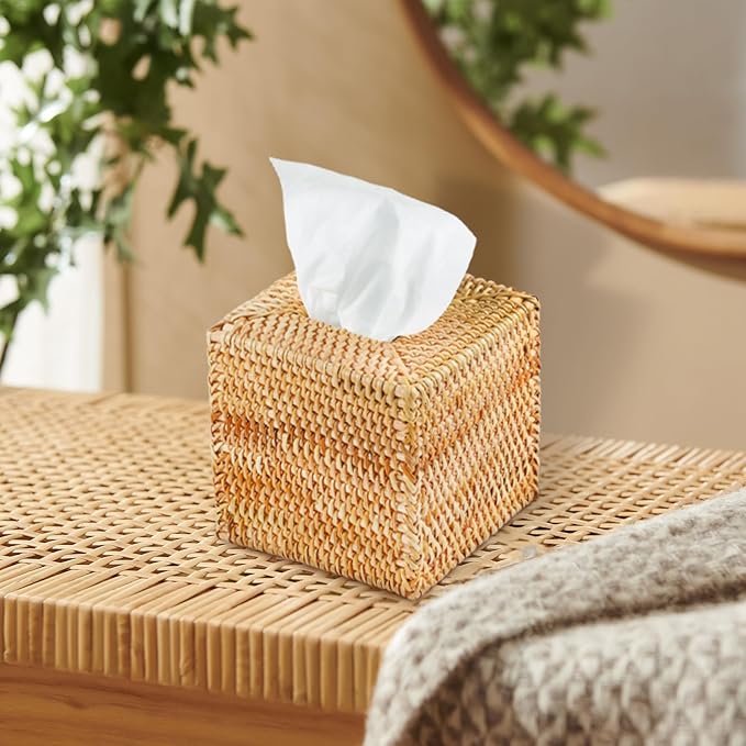 4 Pack Rattan Tissue Box Cover Square, Hand Woven Wicker Tissue Holder, Tissue Box Holder, Wicker Tissue Box Cover, 5.5 x 5.5 X 5.5 inch, Natural