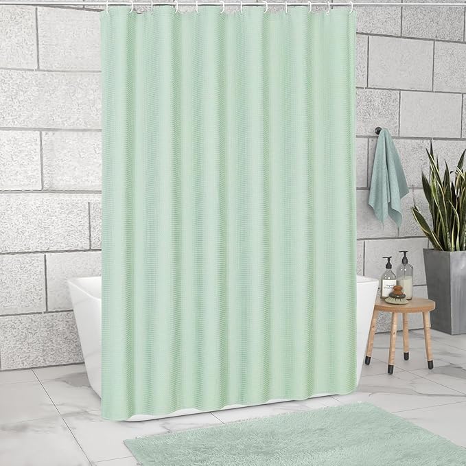 MitoVilla Green Waffle Small Stall Shower Curtain 36 x 72, Half Size Fabric Narrow Shower Curtains for Bathroom Decor, 36 inch Weighted Shower Curtain Set with Plastic Hooks, Mint Green