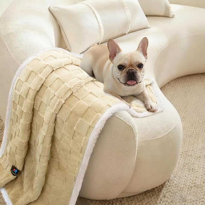 Luciphia Waterproof Dog Blanket for Large Dogs Washable Soft Sherpa Fleece Cat Blankets with 3D Jacquard Cozy Calming Reversible Bed Couch Protector Furniture Protection, Beige White, 65x57 inch